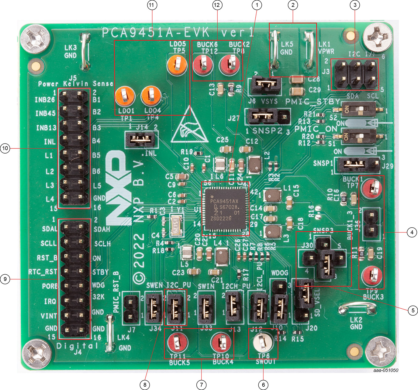 PCA9451A-EVK Evaluation Board Featured Component Locations